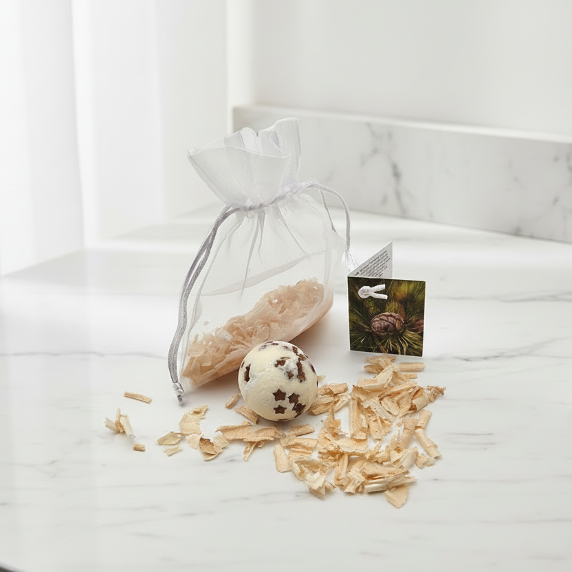 Badekugel mit Zirbenduft in dekorativen Organzabeutel