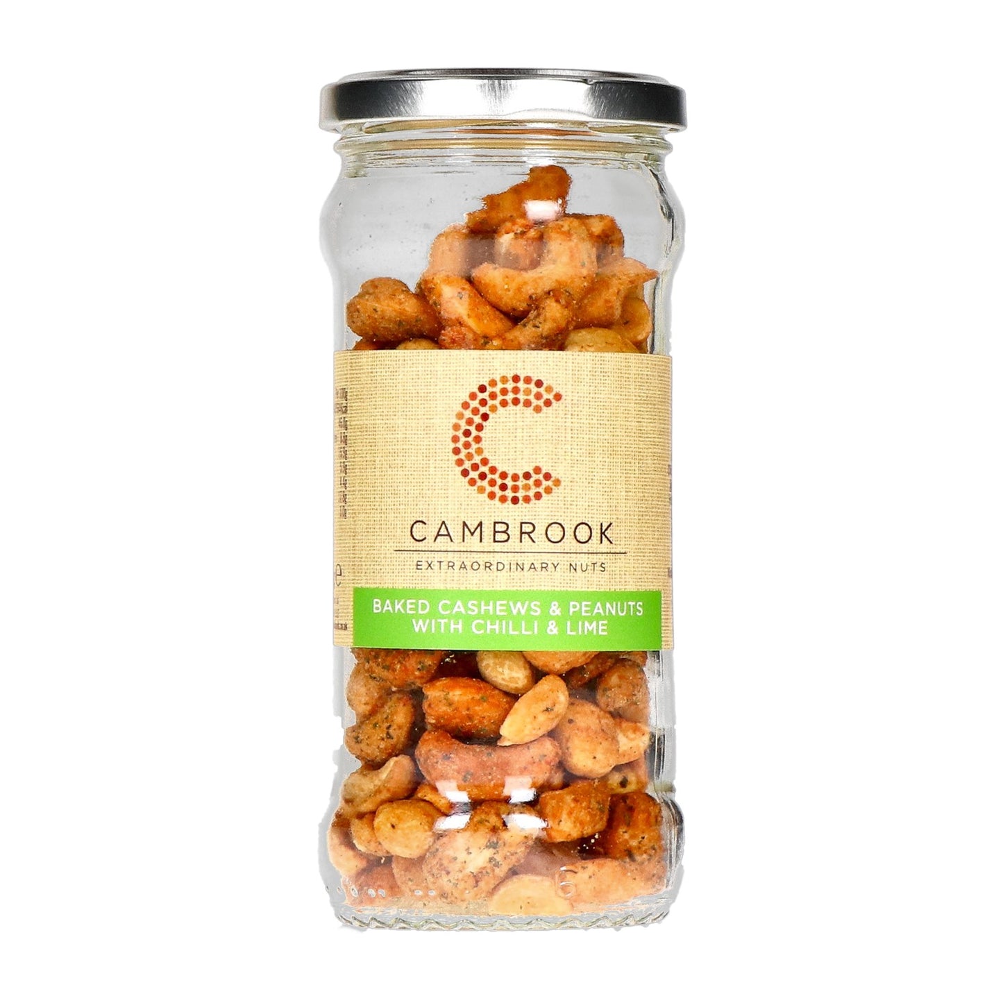 Knusprige ofengebackene Cashews und Erdnüsse mit Chili und Limette, verpackt in einem Glasbehälter