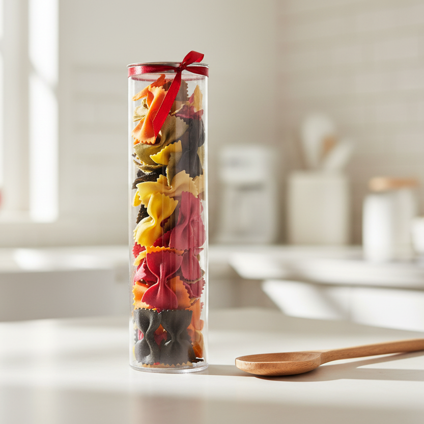 Bunte Farfalle in einer Azetat Geschenkdose in der Küche