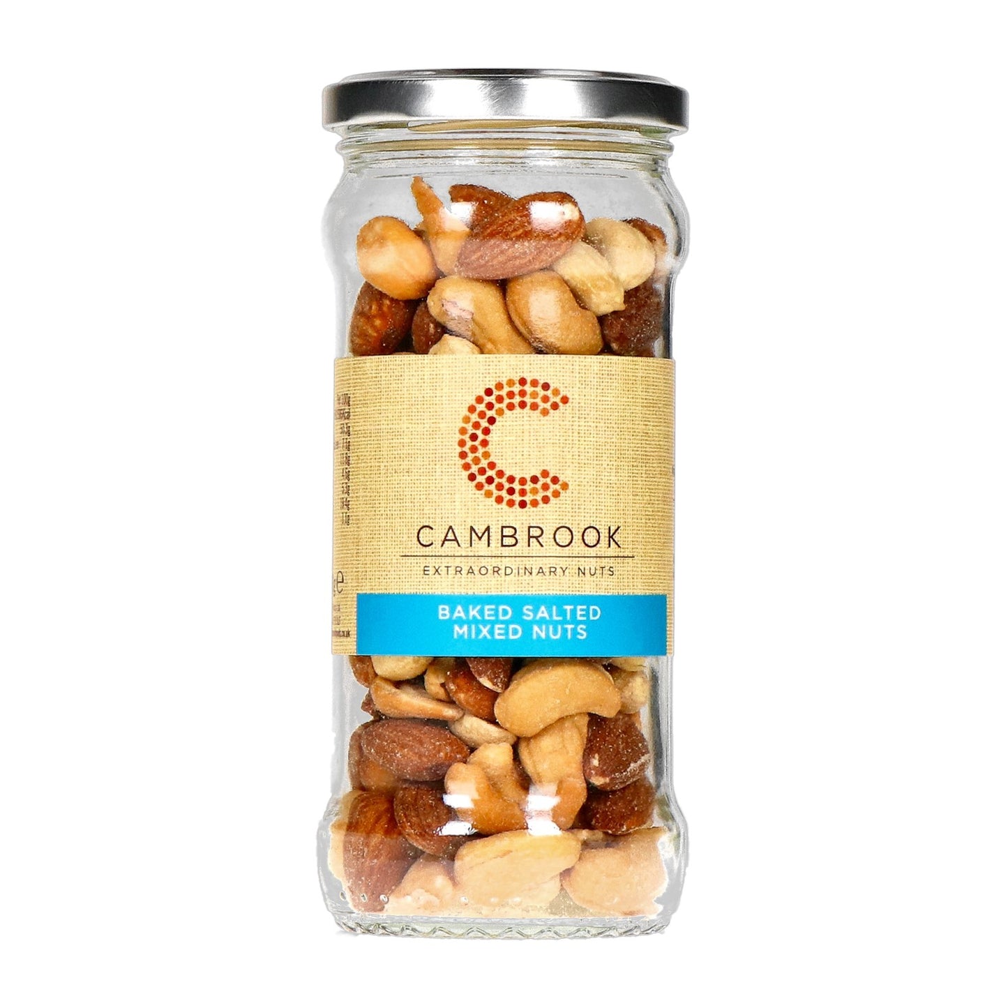 Knuspriger, salziger Nussmix aus Cashews, Mandeln und Erdnüssen in Glasverpackung.