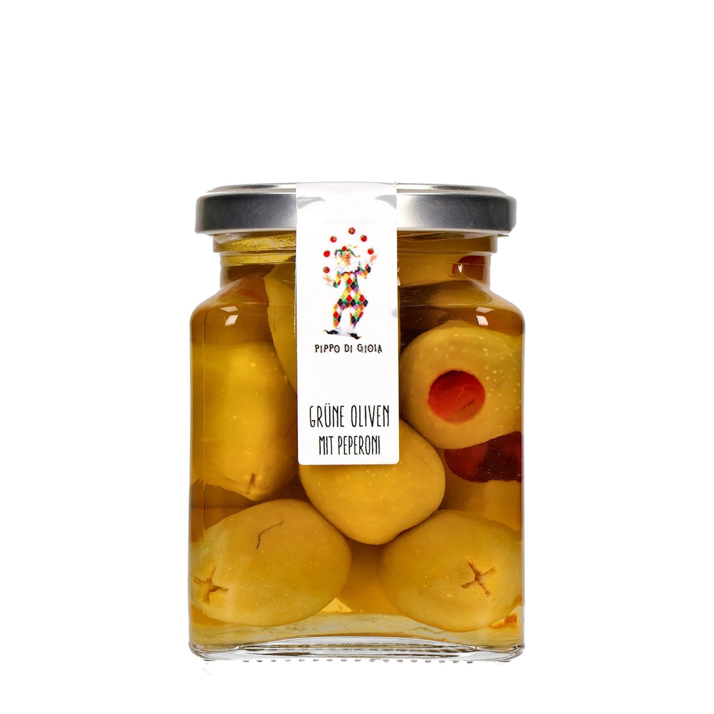 Grüne Gordal-Oliven gefüllt mit Peperoni im Glas