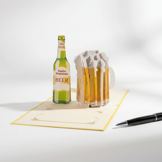 3D Pop‑Up Grusskarte „Bier gelb“ mit realistischem Bierglas-Motiv