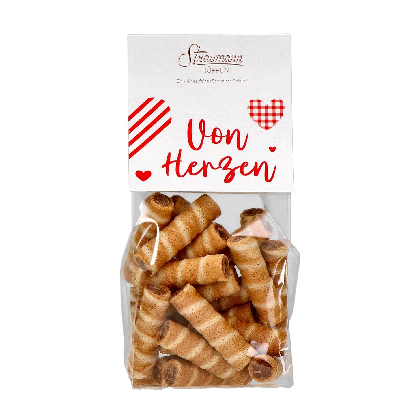 Zarte Schweizer Hüppen mit knusprigen Waffelröllchen und cremiger Haselnuss-Gianduja-Füllung in Geschenkverpackung
