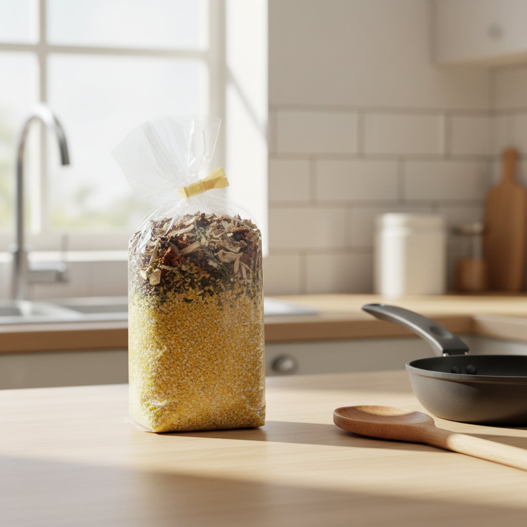 Polenta alla Boscaiola Verpackung in der Küche bereit zum kochen