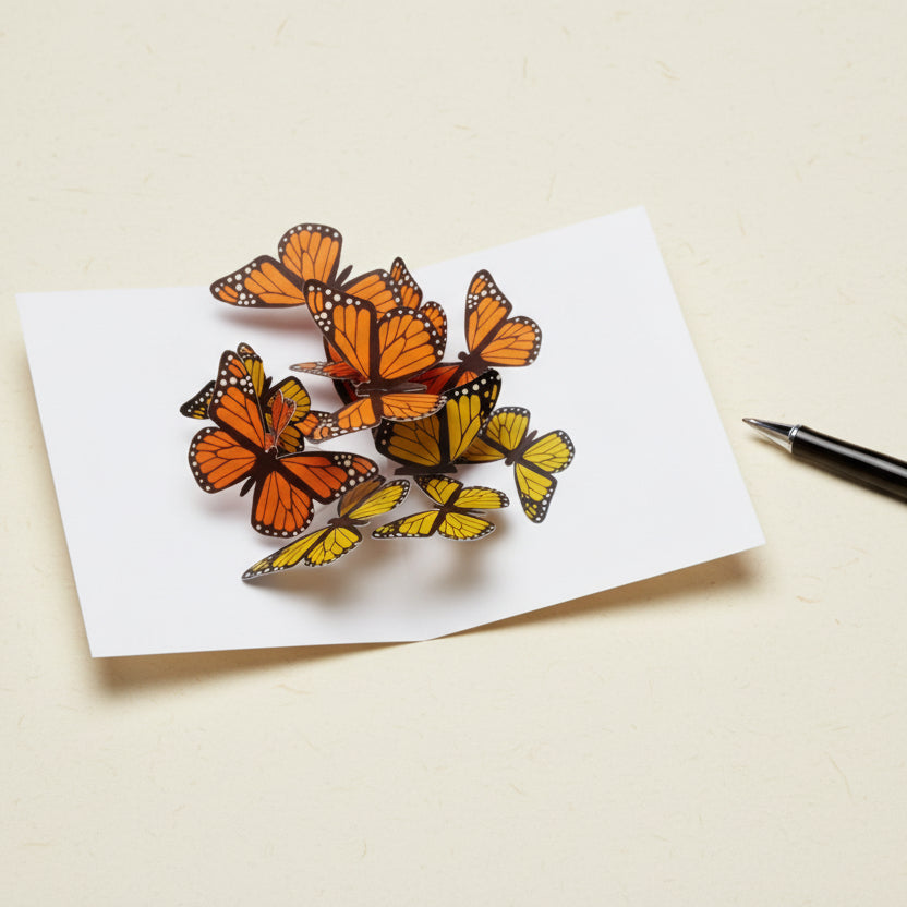 Geöffnete Grusskarte „Beautiful Butterflies“ mit 3D-Pop-up gelben und orangenen Schmetterlingen, Kugelschreiber als Grössenreferenz
