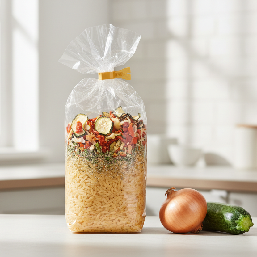 Gemüserisotto in der Küche mit den Hauptzutaten Zwiebel und Zuchetti