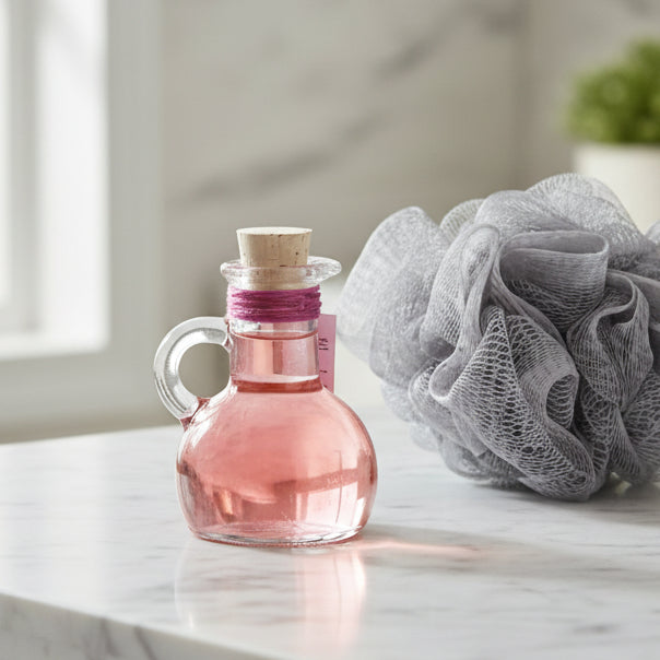 Rosenblüten-Schaumbad in dekorativem Glas am Rand der Badewanne, daneben ein grauer Duschschwamm