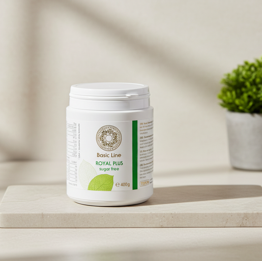 Royal Plus Basenpulver Sugar Free, neutrale Geschmacksrichtung ohne Zucker, für basenorientierte Ernährung und Mineralstoffversorgung.