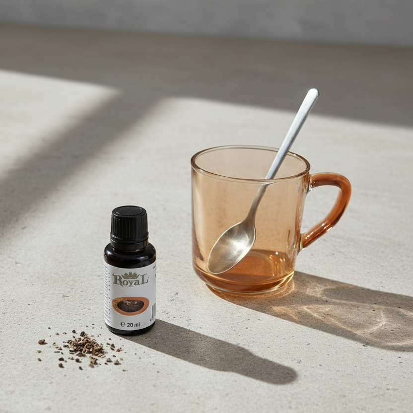 Schwarzkümmelöl in kleiner Glasflasche neben einer Tasse