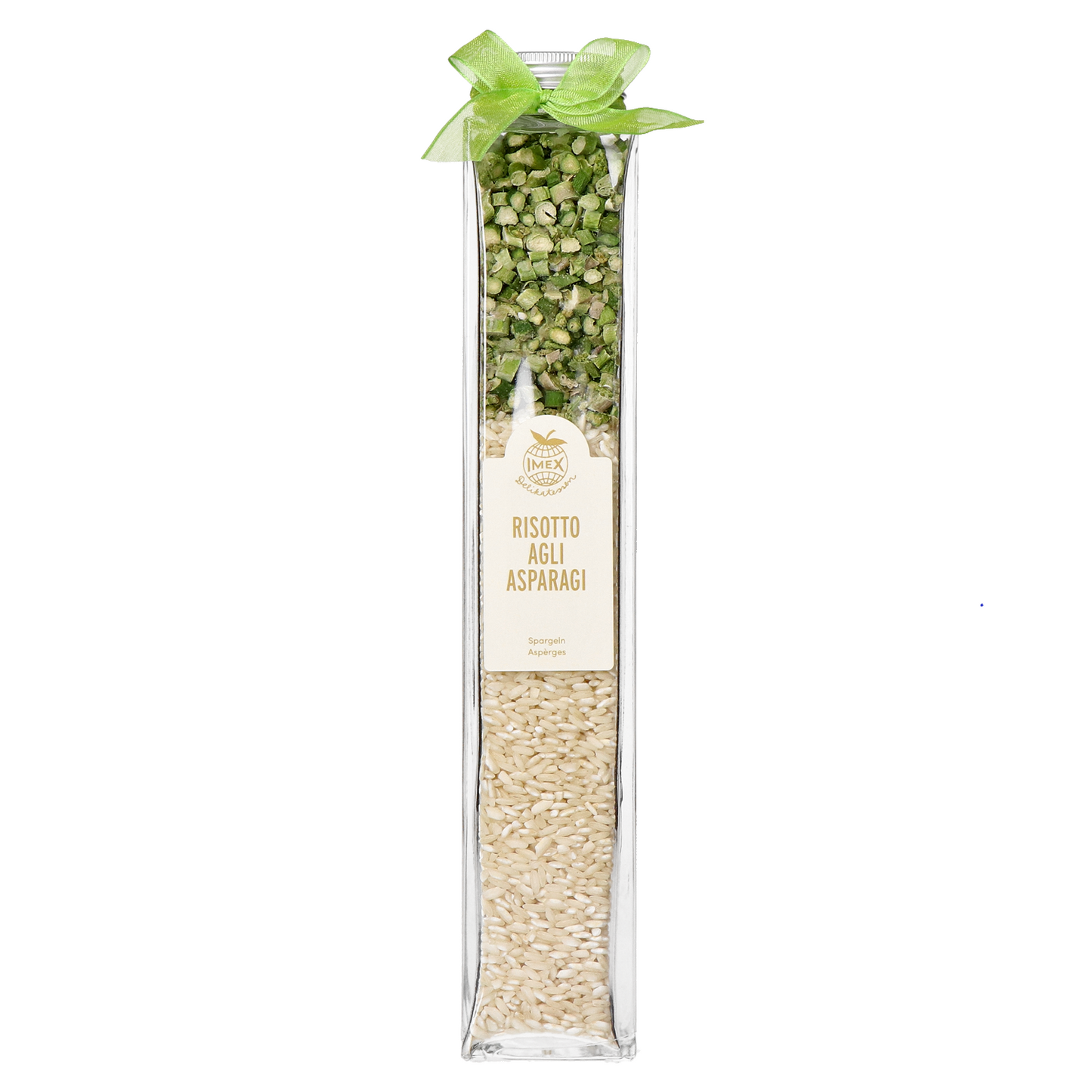 Risottomischung im Glas mit Carnarolireis und getrocknetem Spargel – Schweizer Feinkostprodukt, dekorativ und genussfertig.