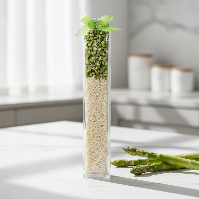 Spargelrisotto im Geschenkglas in der Küche