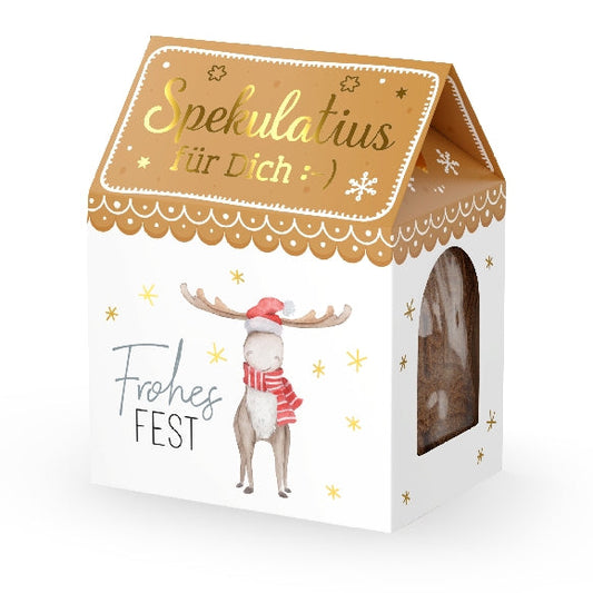 Festlich verpackter Weihnachtsspekulatius in Häuschen-Geschenkbox – das perfekte Mitbringsel für die Weihnachtszeit.