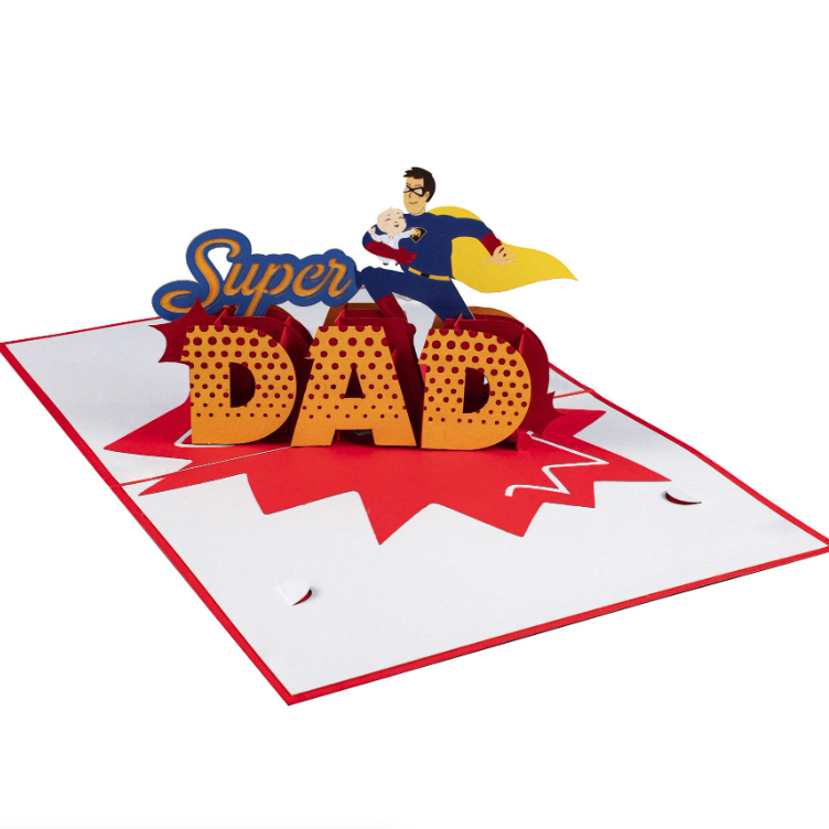 Geöffnete 3D Pop-Up Grusskarte mit Papa als Superheld