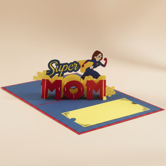 3D Pop Up Grusskarte für Muttertag mit Mama als Superheldin und Super MOM Schrift