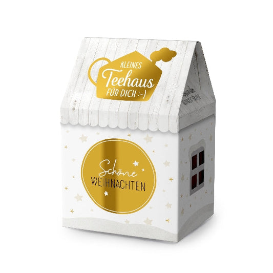 Früchtetee mit Hibiskus, Wein- und Holunderbeeren in liebevoll gestalteter Häuschen-Geschenkbox.