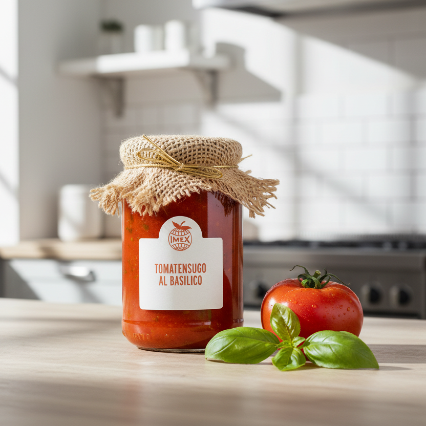 Tomatensauce in der Küche mit Tomaten und Basilikumblätter im Vordergrund
