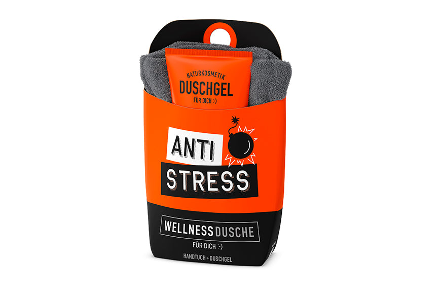 Veganes Duschgel und Baumwoll-Handtuch als Geschenkset für Männer in oranger Verpackung