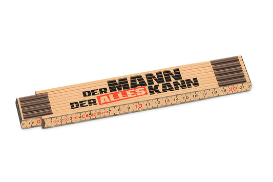 Robuster Meterstab mit verdeckten Nieten, Klarlackversiegelung und motivierenden Sprüchen