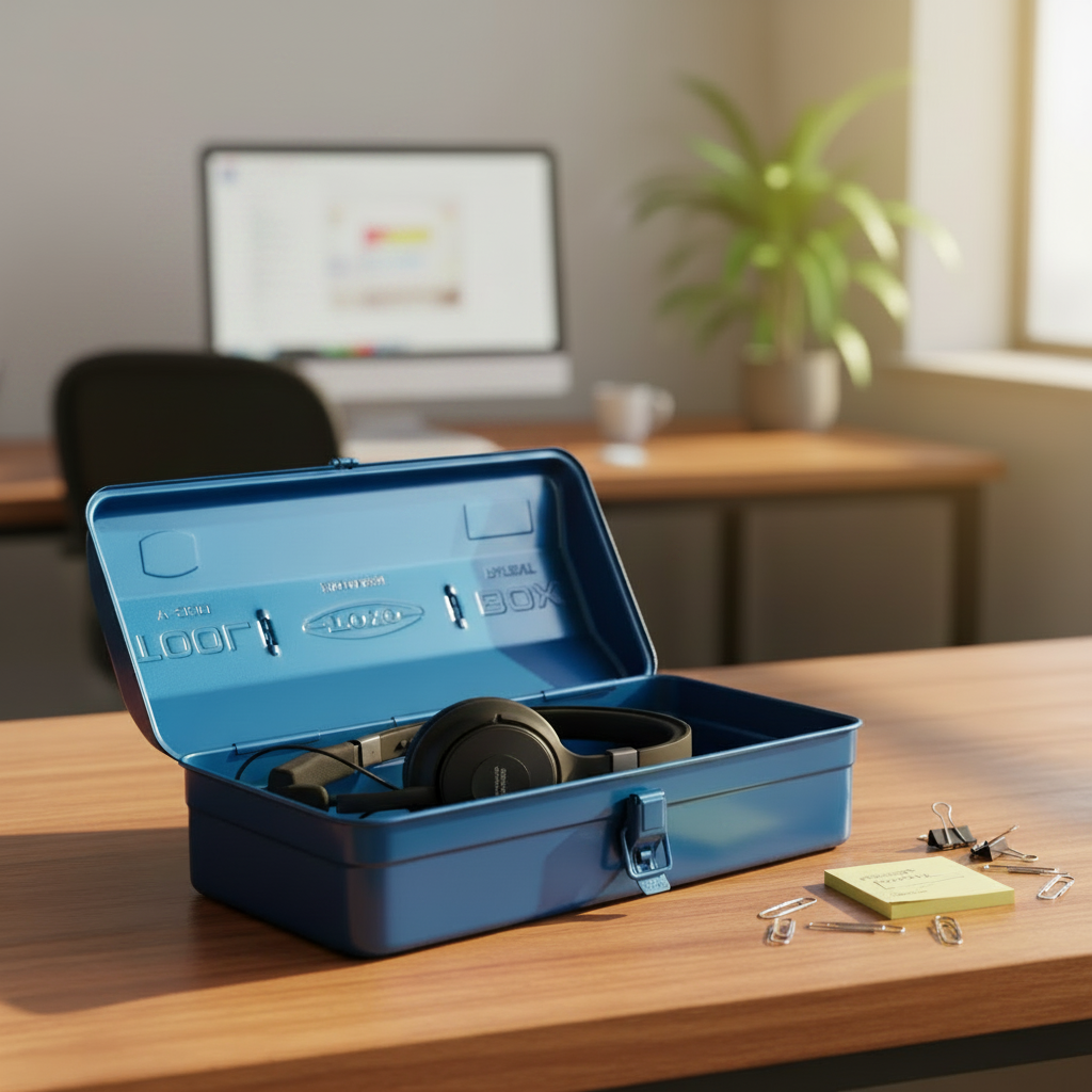 Blaue Toyo Box im Büro als stilvolle Büroaufbewahrung gefüllt mit Kopfhörer