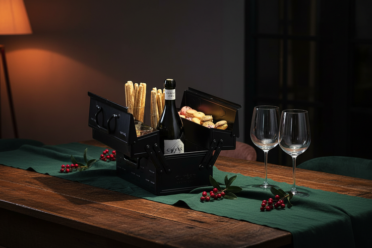 A festive table with a toyo toolbox as a centerpiece
