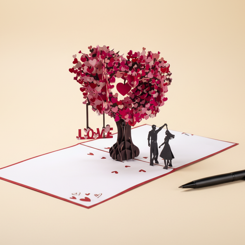 3D Pop-Up Valentinstagskarte offen mit romantischer Szene – handgemachte Pop-Up Karte
