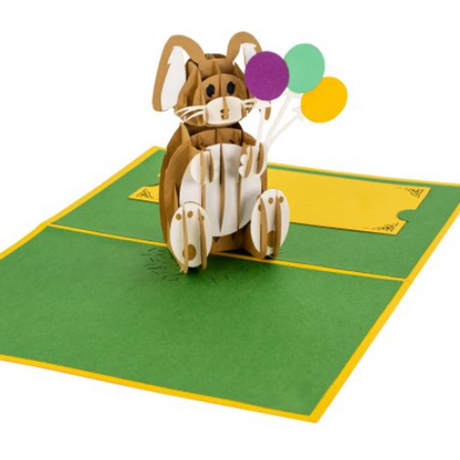 Geöffnete 3D Pop-Up Grusskarte mit detailreichem Hasenmotiv