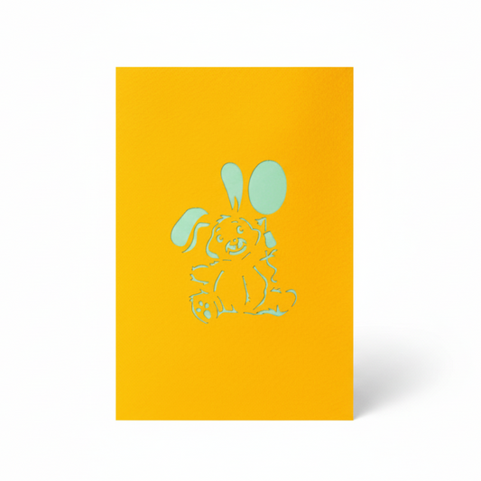 Gelbe Vorderseite der 3D Grusskarte mit Hasenmotiv