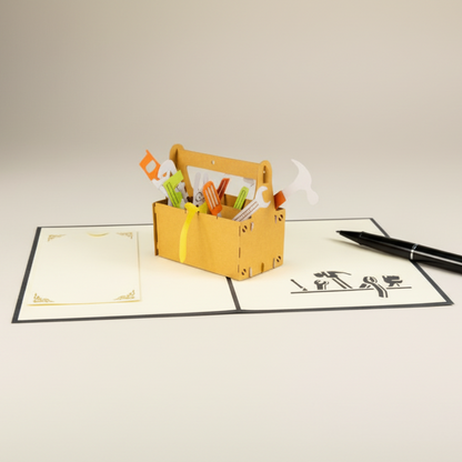 3D Pop Up Grusskarte mit Werkzeugkasten aus Papier, geöffnet