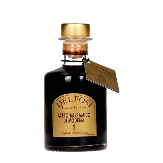 Stilvolle Apothekerflasche mit Balsamessig aus Modena, Label 5, perfekt für Risotto, Saucen und Salate.