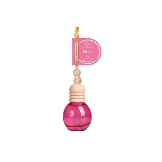 Autoduft Rose im pinken Glasflakon mit Holzaufsatz und Kordel, 10 ml, eleganter blumiger Duft zum Aufhängen