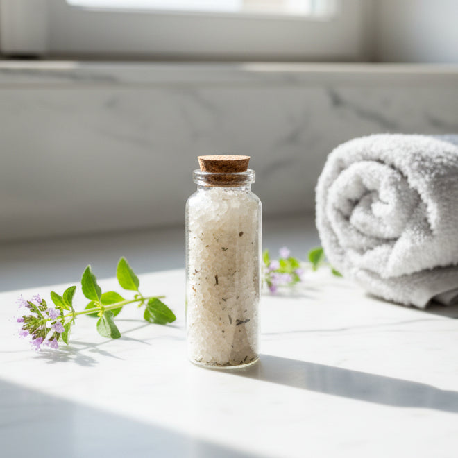 Kleines Glas Badesalz im Badezimmer