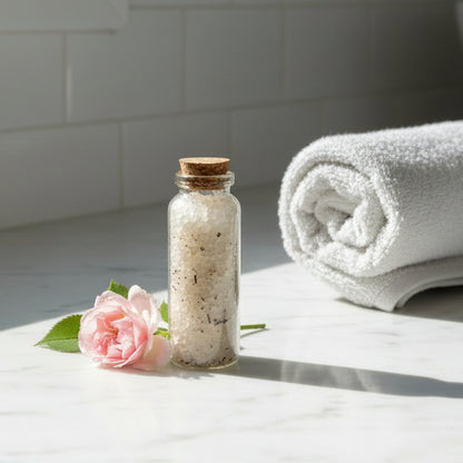 Glässchen Badesalz mit Wildrosenduft, grobkörnig, mit Wildrosenblüten