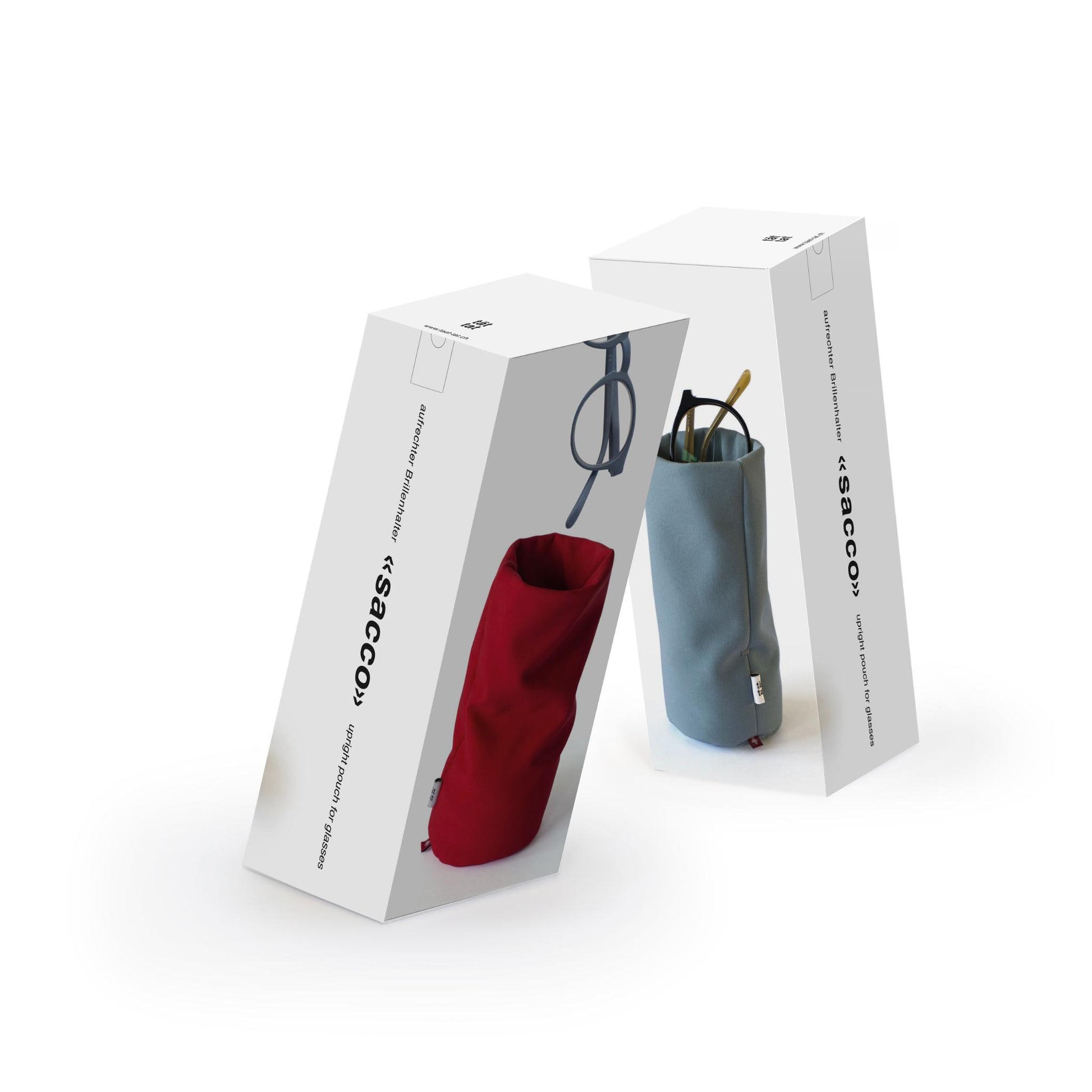 Zwei aufrechte Brillenbehälter aus Microfleece in weisser Verpackung – stylischer Organizer 