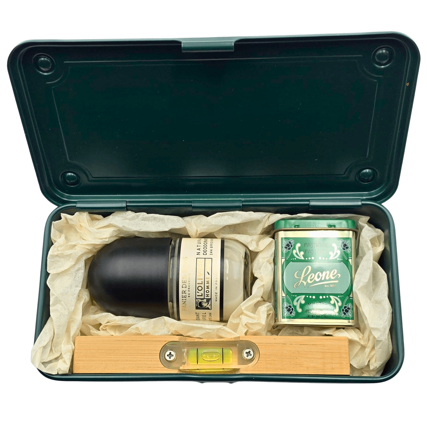 Geschenkbox für ihn in grüner Metallbox mit Minzbonbons, Deo und Wasserwaage – stilvolles, humorvolles Geschenk