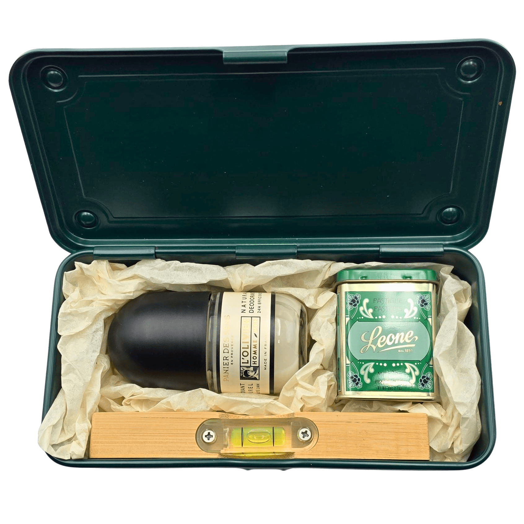 Geschenkbox für ihn in grüner Metallbox mit Minzbonbons, Deo und Wasserwaage – stilvolles, humorvolles Geschenk