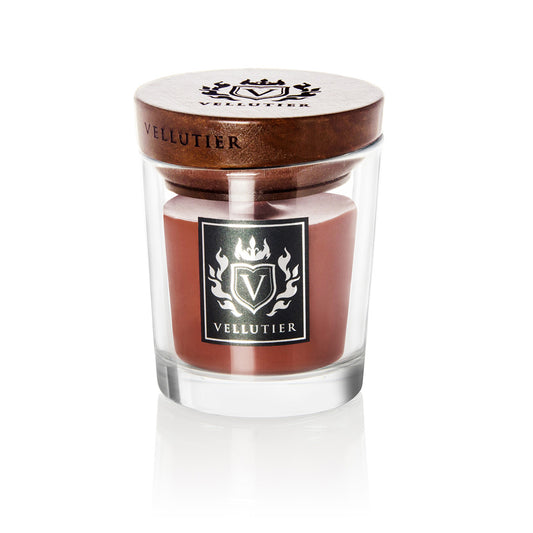Vellutier Gentlemen’s Lounge Duftkerze im eleganten Glas mit Holzdeckel – stilvolles Accessoire, edler Duft, Farbe Braun.