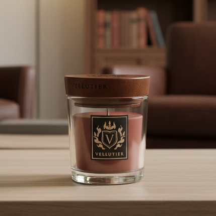Vellutier Gentlemen’s Lounge Duftkerze im eleganten Glas mit Holzdeckel auf einem Tisch