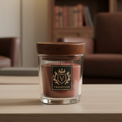 Vellutier Gentlemen’s Lounge Duftkerze im eleganten Glas mit Holzdeckel auf einem Tisch