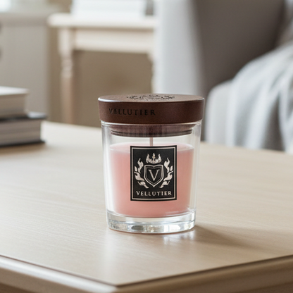 rosa Duftkerze in dekorativem Glas auf einem Tisch, perfektes romantisches Geschenk