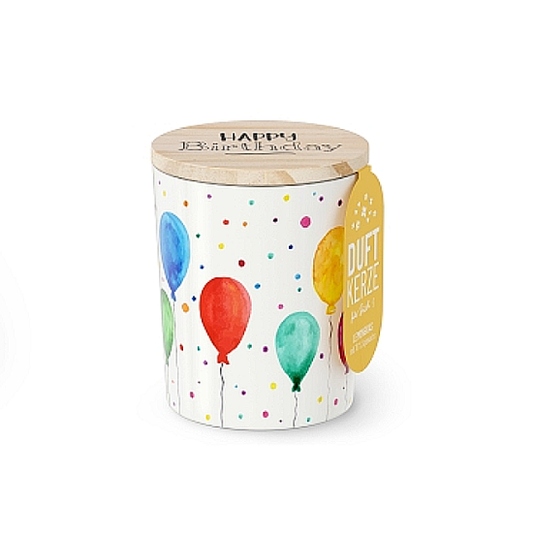 Duftkerze im Motivglas Happy Birthday mit Holzdeckel