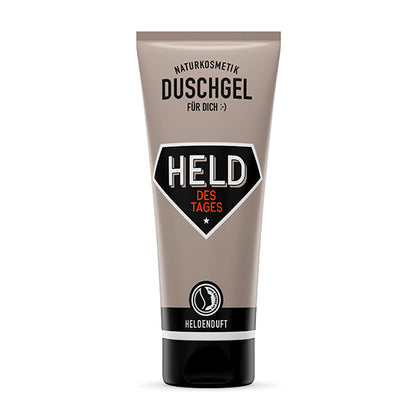 Naturkosmetik Duschgel für Herren in einer grauen Tube mit der Nachricht ''Held des Tages''