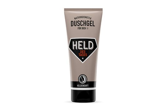 Naturkosmetik Duschgel für Herren in einer grauen Tube mit der Nachricht ''Held des Tages''
