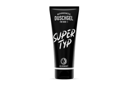Veganes Duschgel für Herren in einer schwarzen Tube mit der Nachricht ''Supertyp''