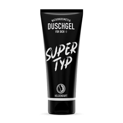 Veganes Duschgel für Herren in einer schwarzen Tube mit der Nachricht ''Supertyp''