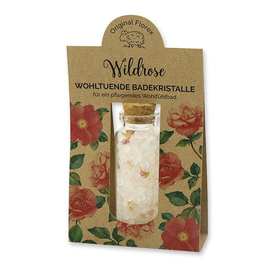 Florex Badesalz mit Wildrosenduft, grobkörnig im 40g Glas mit Korkverschluss, dekoriert mit Wildrosenblüten
