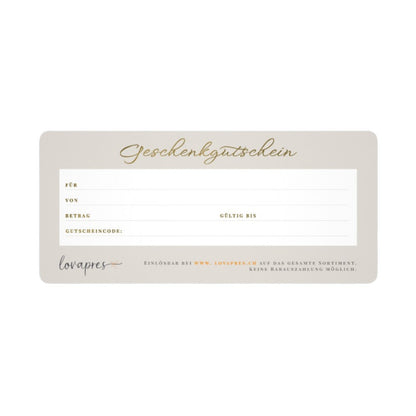Vorderseite der Gutscheinkarte mit ausfüllbaren Gutscheindaten.