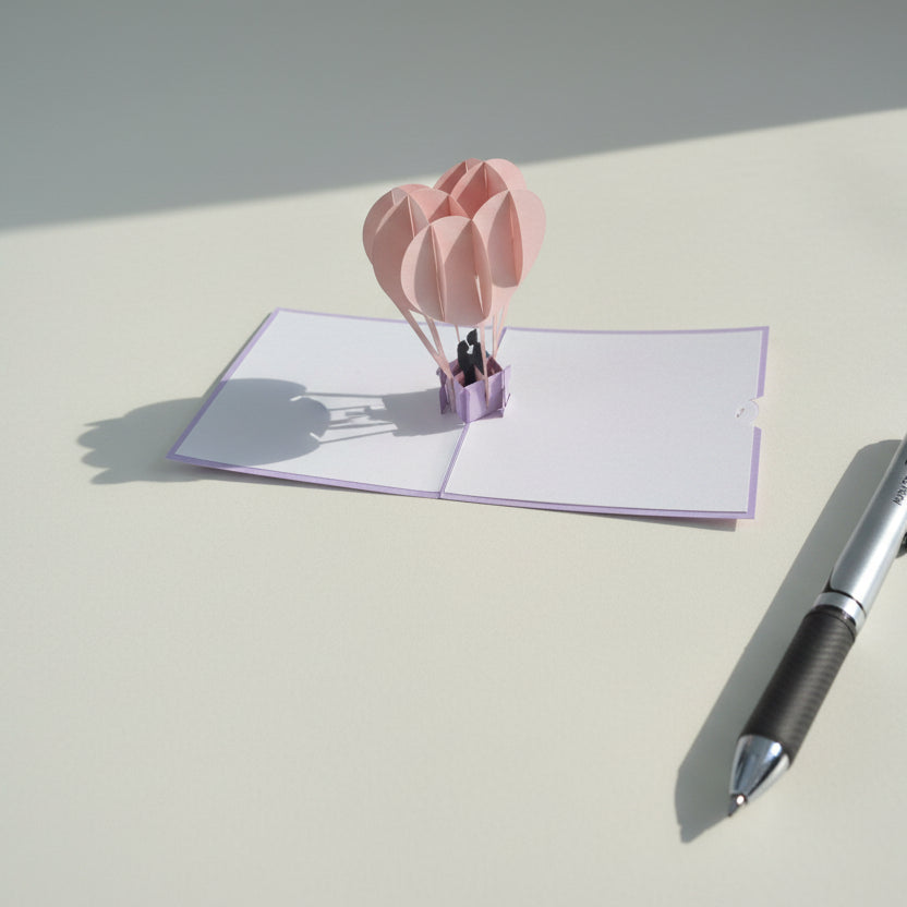 Offene 3D Grusskarte Heisslftballon, perfekter Liebesgruss