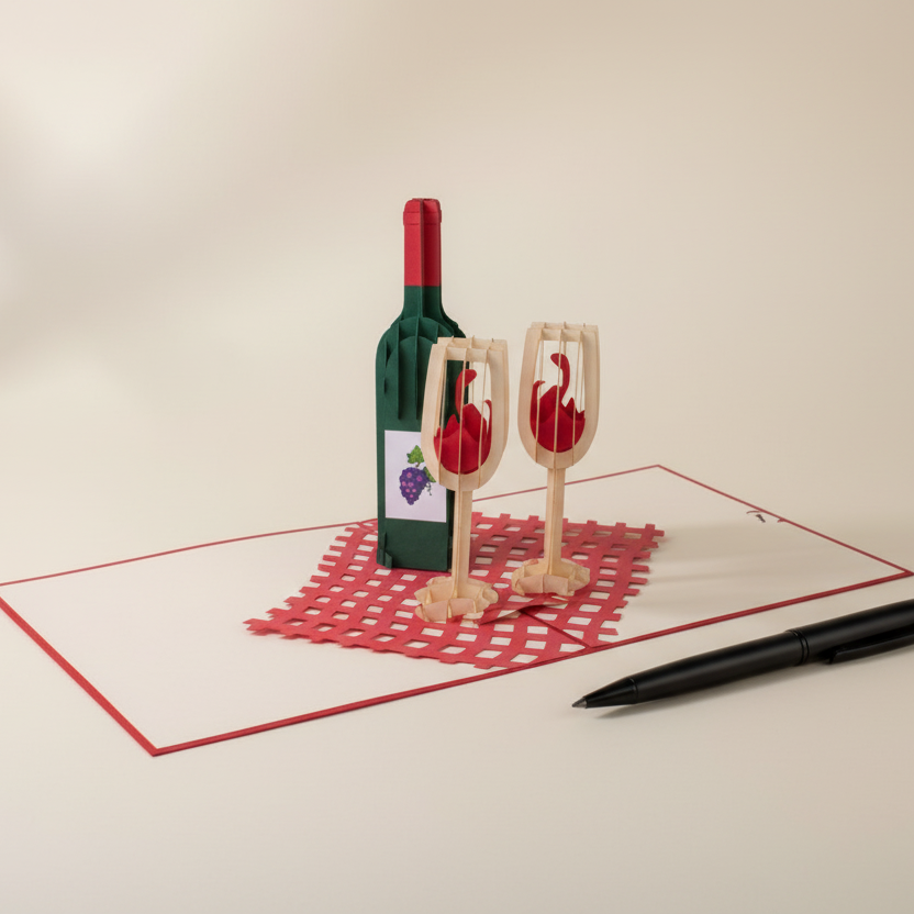 3D Pop-Up Grusskarte mit Weinflasche, geöffnet, perfekt für Gourmet Geschenkboxen