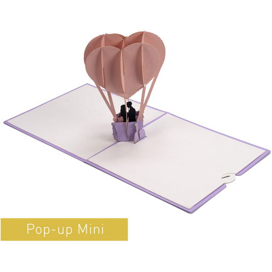 Mini 3D-Pop-Up Valentinstagskarte offen mit Paar im Heissluftballon – handgefertigt, romantischer Liebesgruss