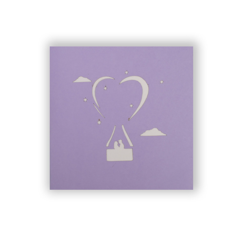Vorderseite Mini-Valentinstagskarte lila mit Heissluftballon-Motiv – romantische Grusskarte, handgefertigt